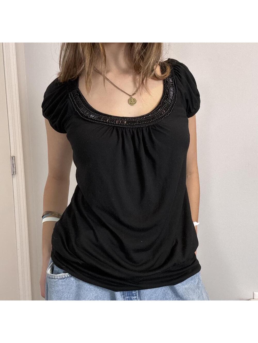 Charlotte Russe black scoop neck top beaded neckline puff sleeves size medium